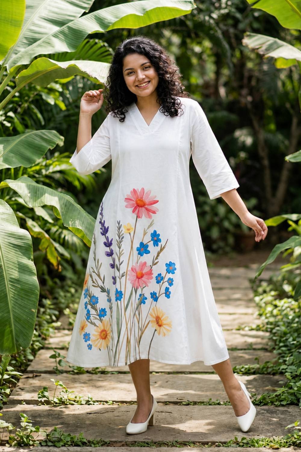 Plus Size White Floral Printed A-Line Midi Dress 2
