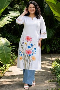 Plus Size White Floral Printed A-Line Midi Dress 3