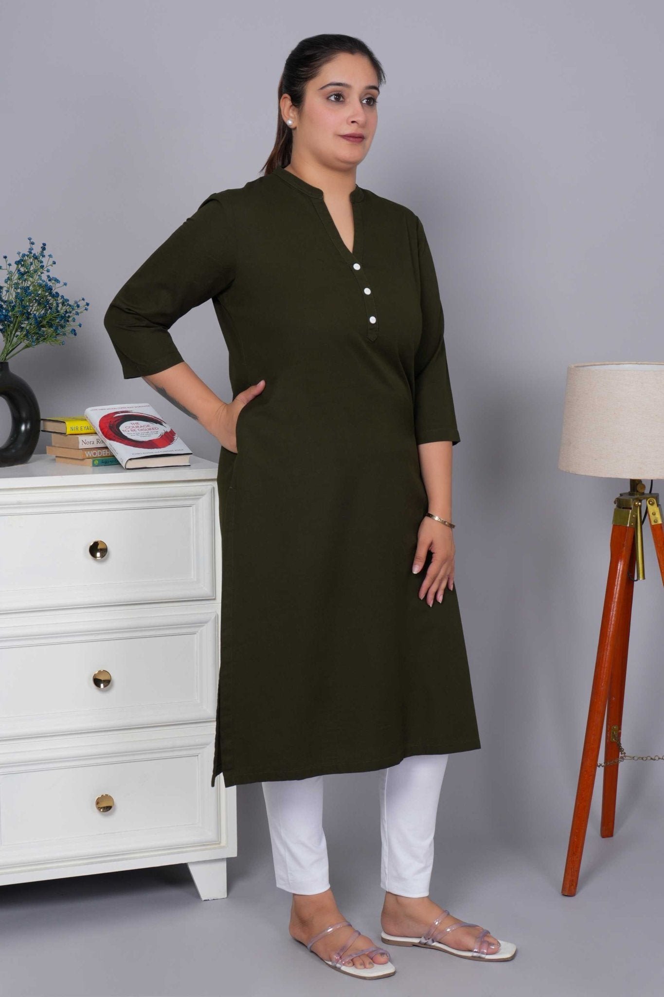 Olive 100% Premium Cotton Long Kurta 2