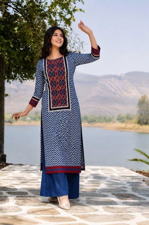 Navy Blue Pichwai Cow Print Cotton Straight Kurta 2