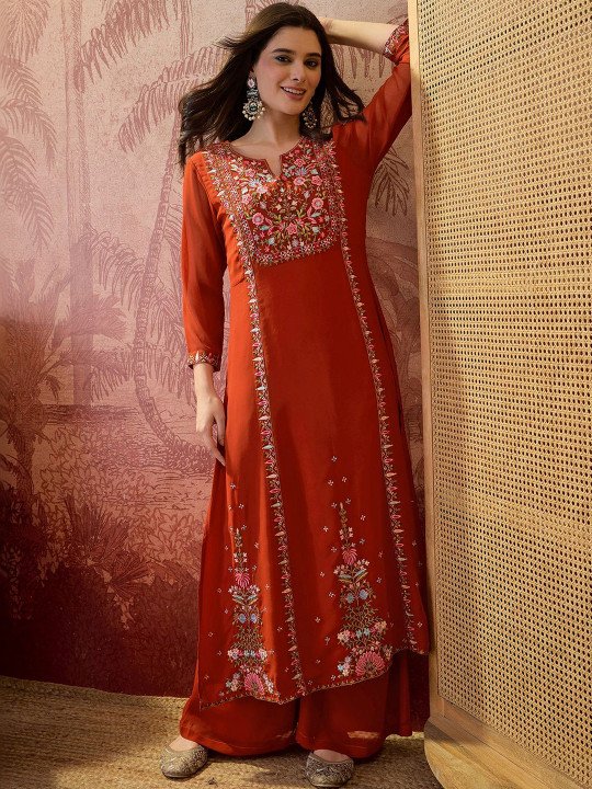 Embroidered Round Neck Kurta & Palazzos 2
