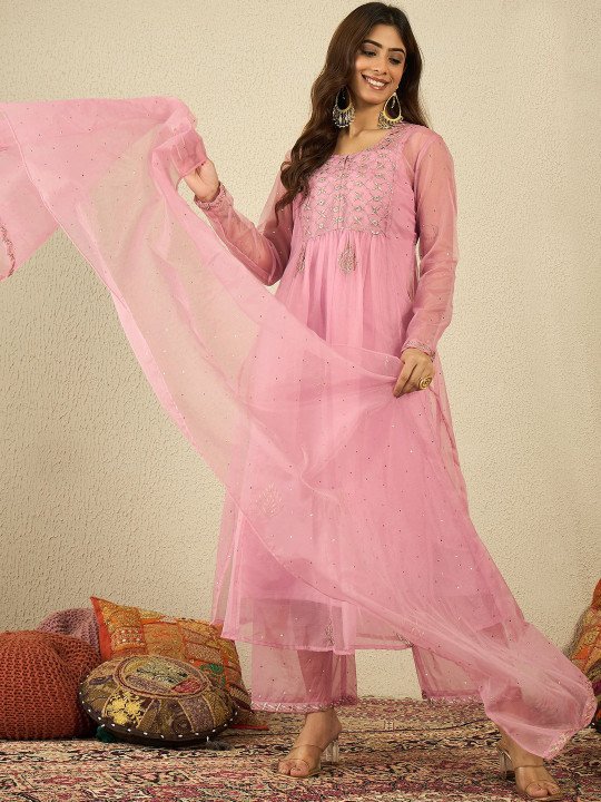 Women Embroidered Empire Thread Work Kurta with Trousers & With Dupatta 2
