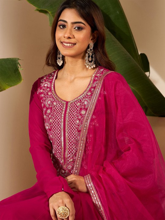 Floral Embroidered Anarkali Thread Work Kurta With Palazzos & Dupatta 2