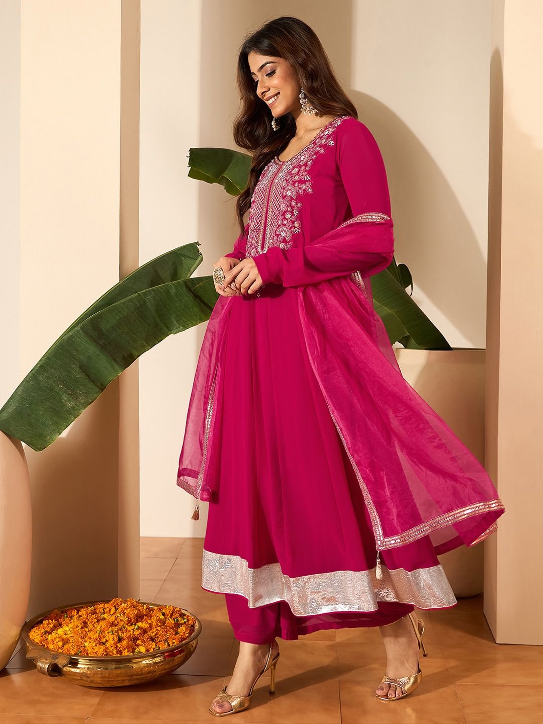 Floral Embroidered Anarkali Thread Work Kurta With Palazzos & Dupatta 3