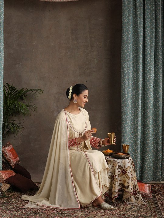 Geometric Embroidered Mirror Work A-Line Kurta With Sharara & Dupatta 3