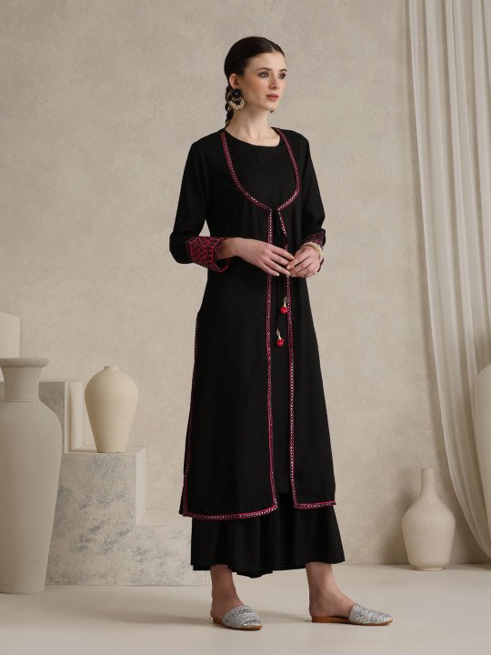 Geometric Embellished Mirror Work A-Line Kurta With Sharara & Dupatta 3