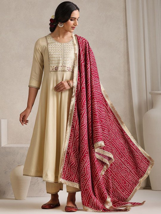 Yoke Or Border Embroidered Regular Anarkali Kurta With Palazzos & Dupatta 2