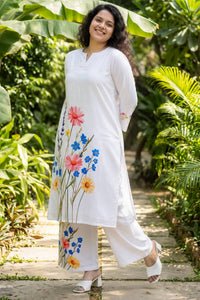 Plus Size White Floral Printed A-Line Midi Dress