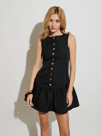 Black Textured Button-Front Fit and Flare Mini Dress