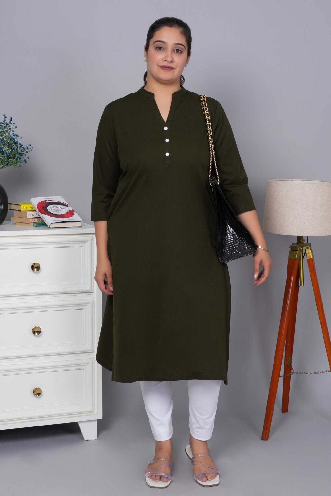 Olive 100% Premium Cotton Long Kurta