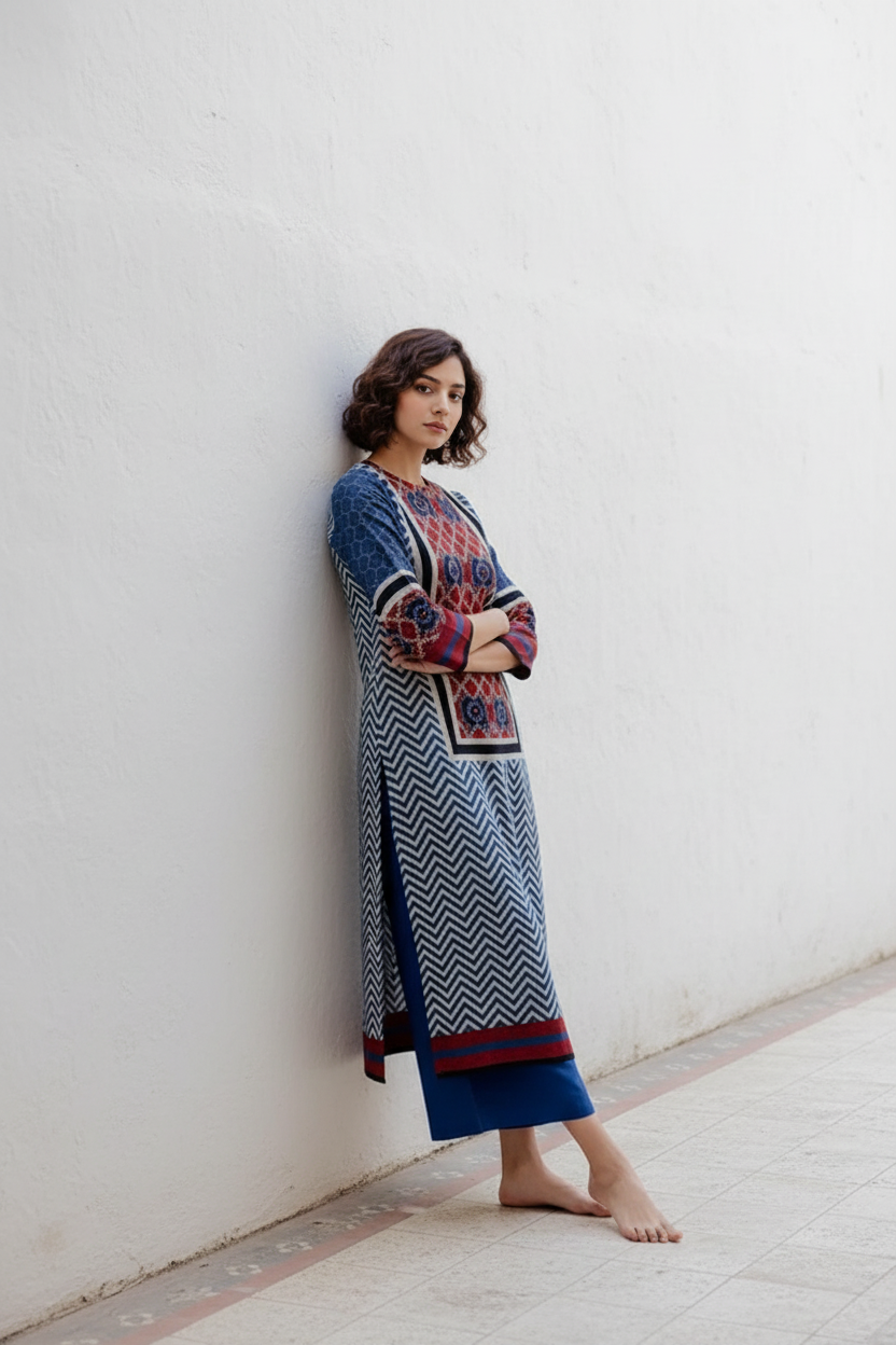 Navy Blue Pichwai Cow Print Cotton Straight Kurta