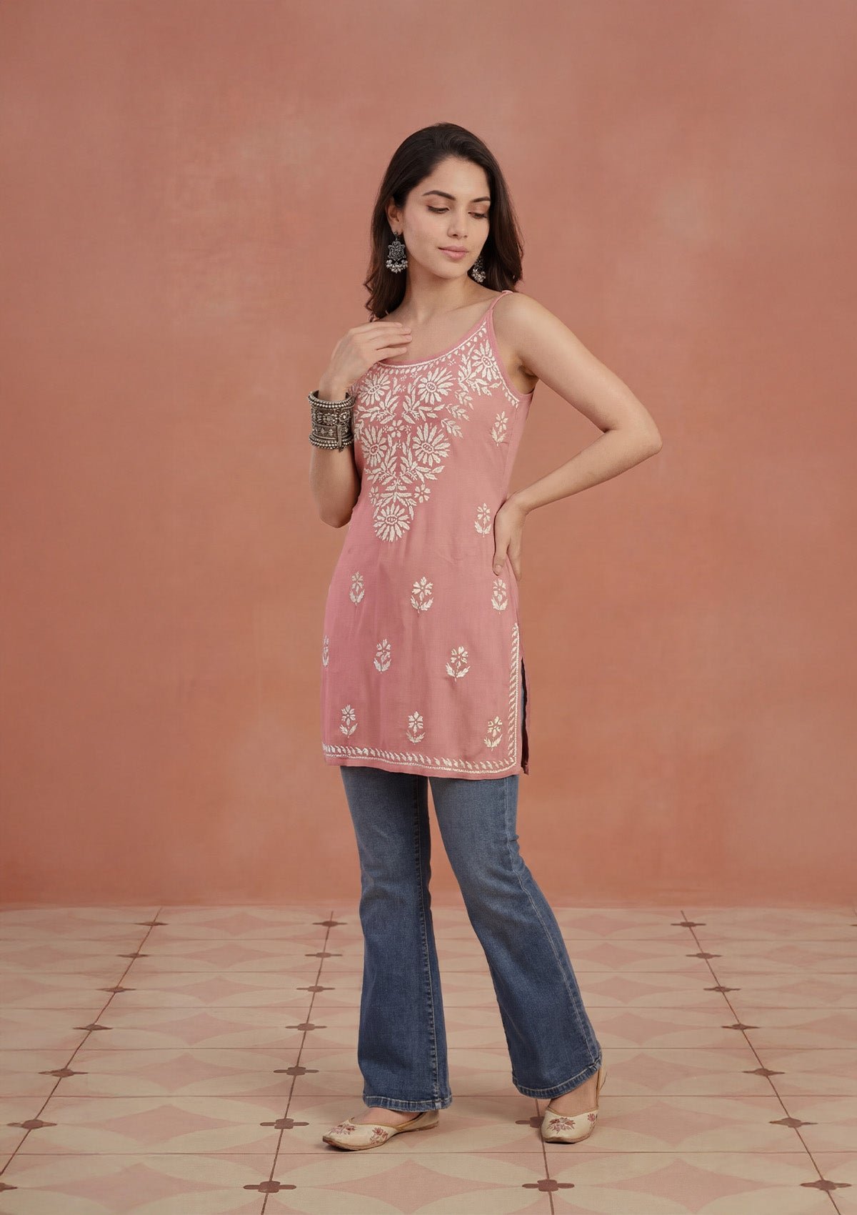 HOC Women Dust Pink Rayon Chikankari Short Kurta