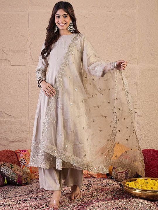 Women Floral Self Design Regular Sequinned Kurta with Palazzos & Dupatta