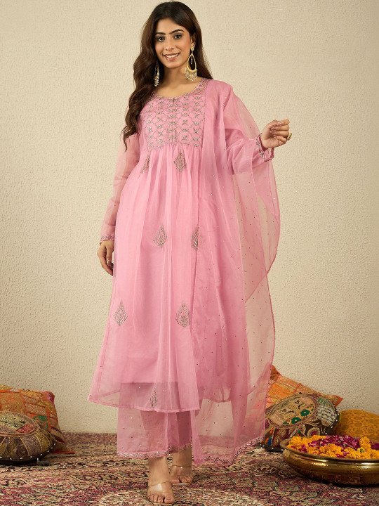 Women Embroidered Empire Thread Work Kurta with Trousers & With Dupatta