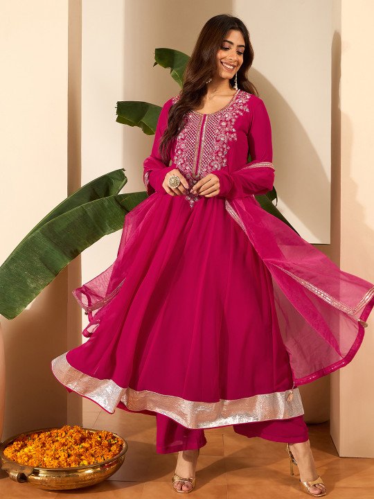 Floral Embroidered Anarkali Thread Work Kurta With Palazzos & Dupatta