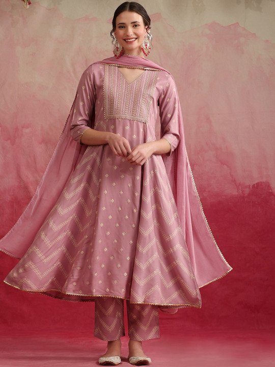 V Neck Chevron Embroidered Gotta Patti Anarkali Kurta with Palazzo & Dupatta